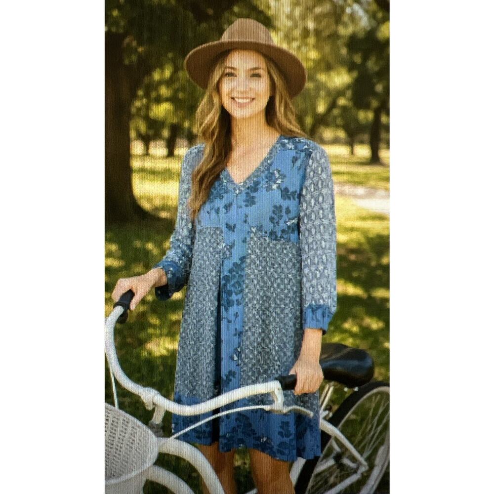 Boden Mollie Dress Floral Tunic blue gray US 4 Boho 3/4 sleeve small mini womens